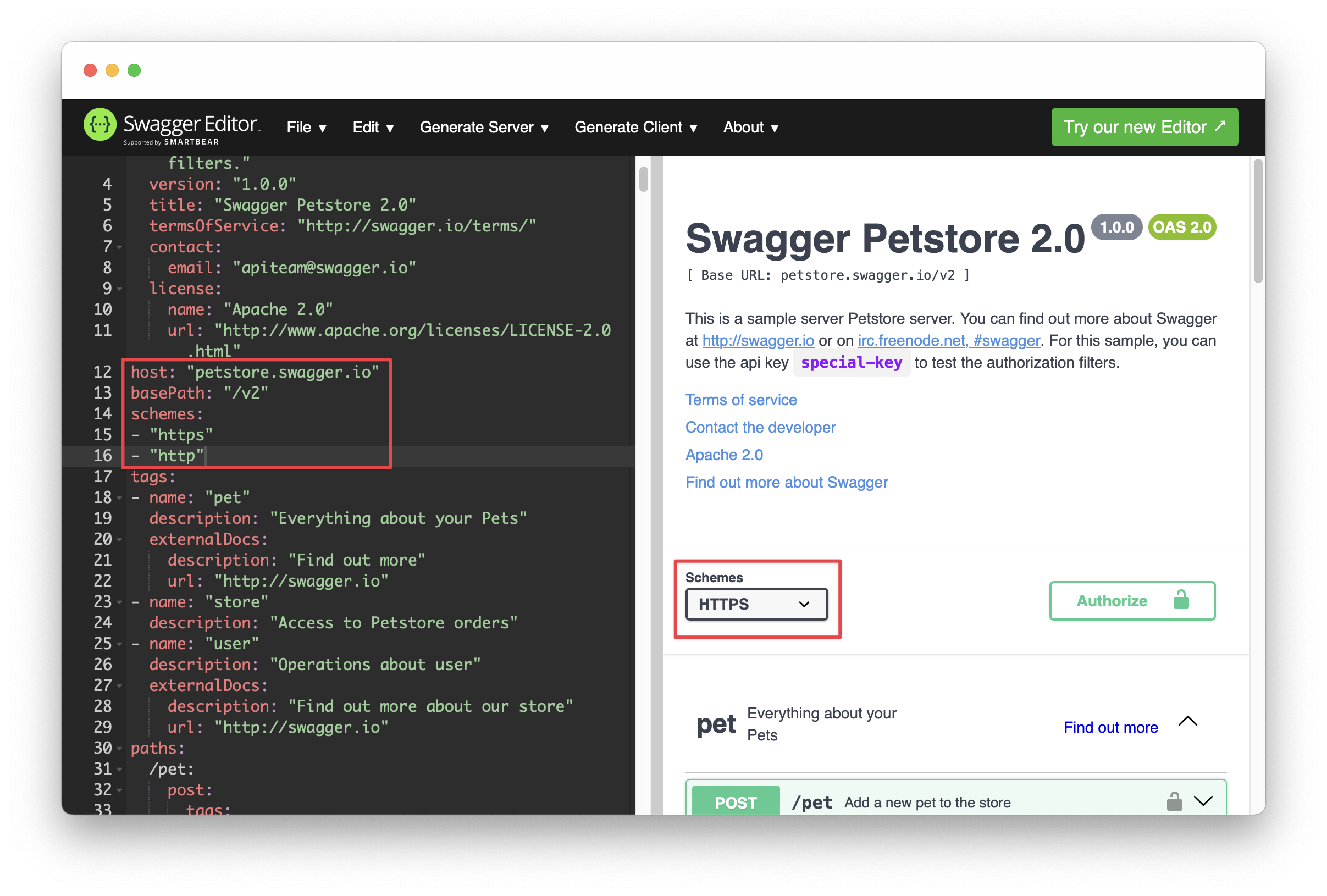 Screenshot of Swagger 2.0 editor showing the scheme selector as the only URL-related option