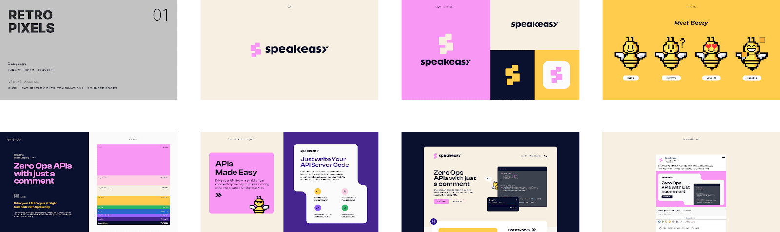 Eighth variations of different web pages with different colors and designs for Speakeasy.